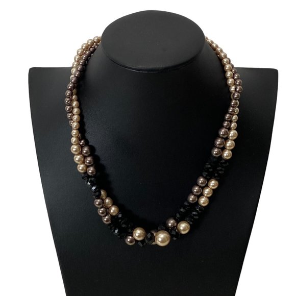 (3-097) Double Strand Necklace Taupe/Beige Pearl-Like Beads Black Faceted Beads - Picture 12 of 12